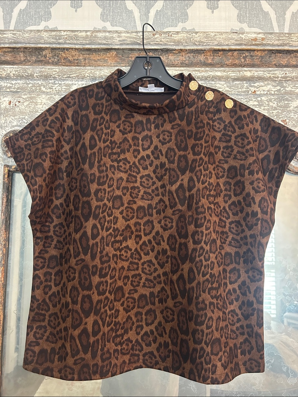 THML Brown Leopard Print Cap Sleeve Top with Gold Buttons